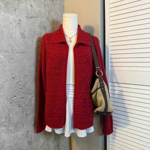 Red Cable Knit Zip Up Cardigan - Picture 1 of 7